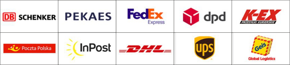 Schenker, Pekaes, FedEx, DPD, Poczta Polska, InPost, DHL, UPS, Geis, K-ex